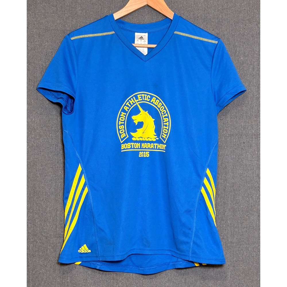 Adidas Boston Marathon 2015 Running Shirt Blue Yellow Womens Large Climalite